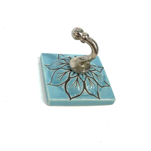 Tranquillo Ceramic Wall Hook, Square Teal Flower