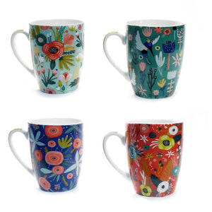 Colorful Floral Ceramic Mug, 4 Asst