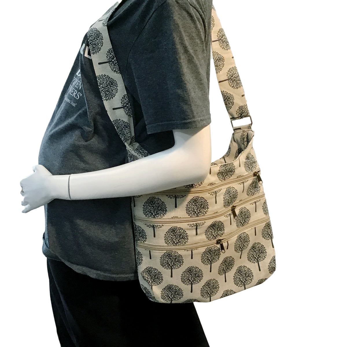 Striped 3-Zip Sling Bag, White w/Black trees