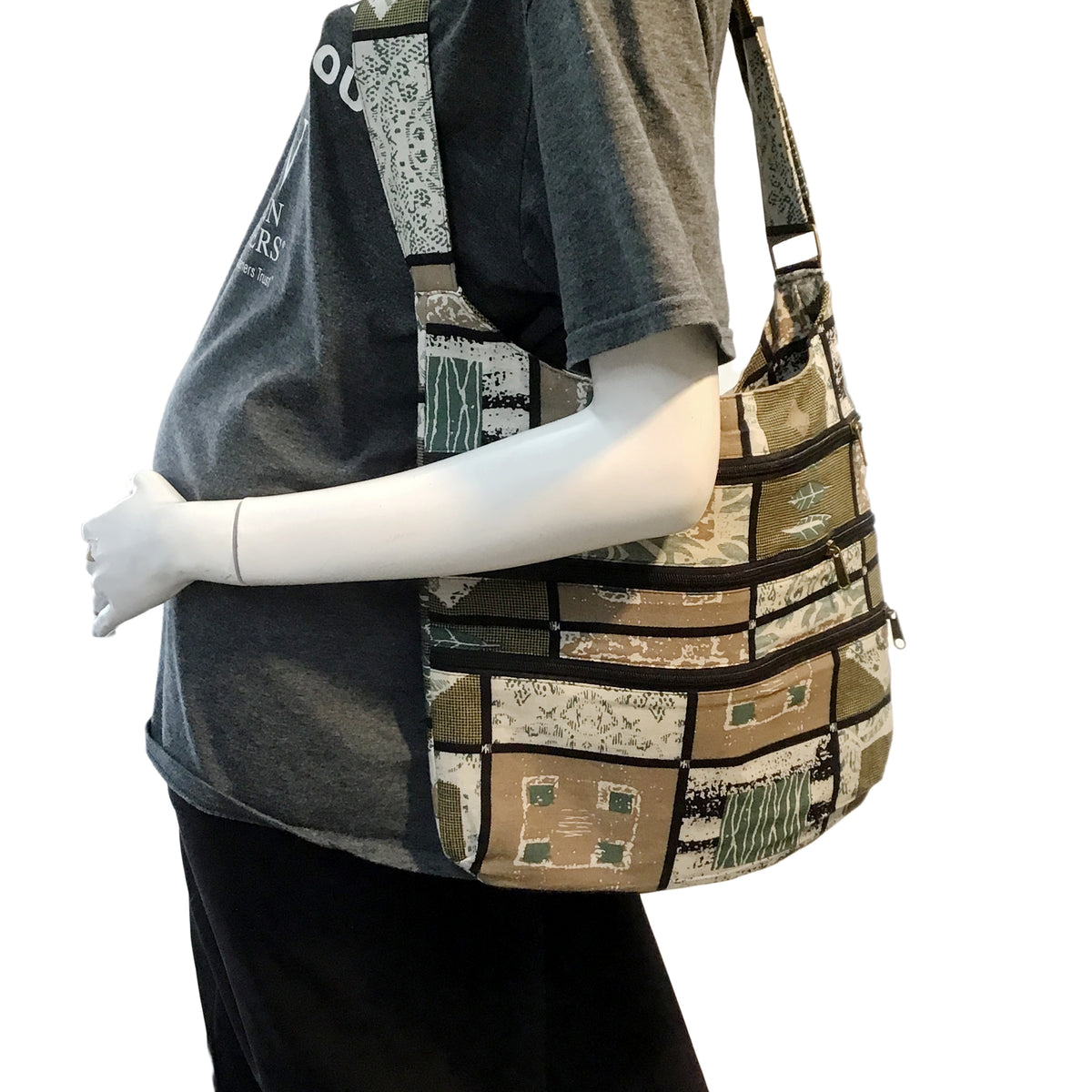 Striped 3-Zip Sling Bag, White & Brown Patterned