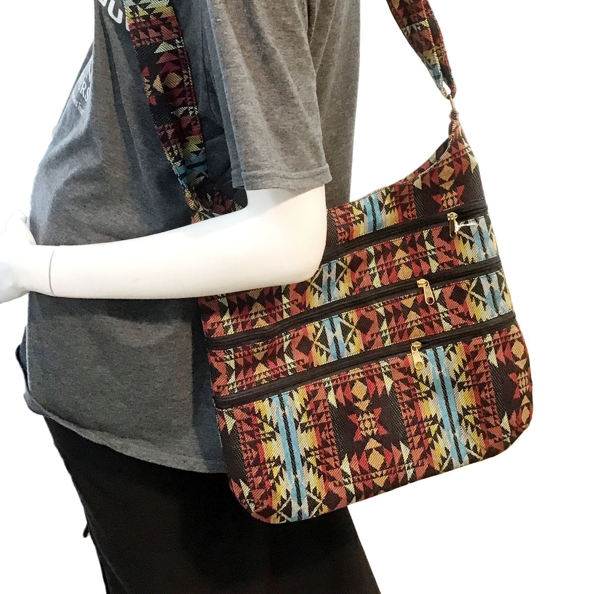 Striped 3-Zip Sling Bag, Red/Black/Blue Patterned