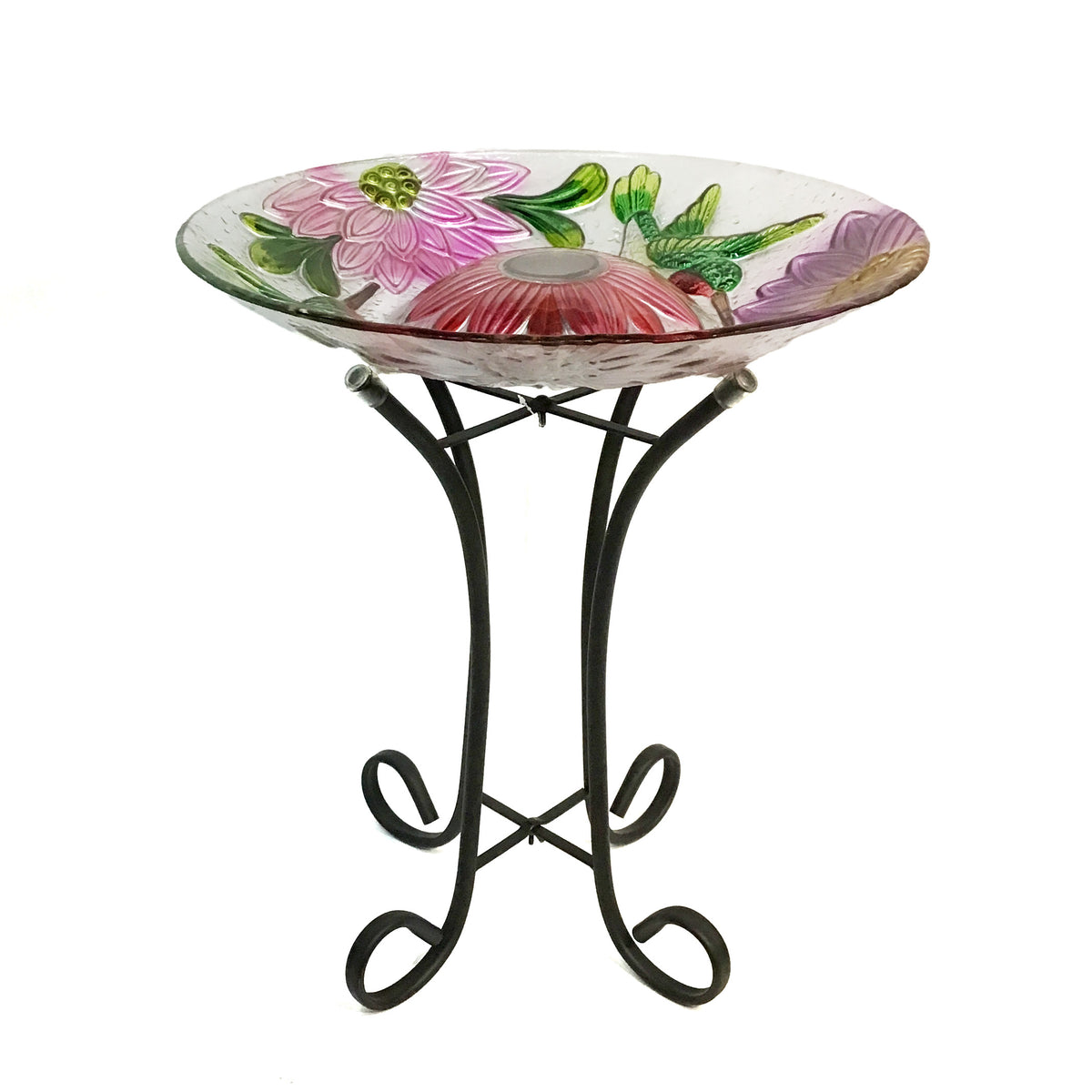 Hummingbird Floral Solar LED Gls Bird Bth w/Stand