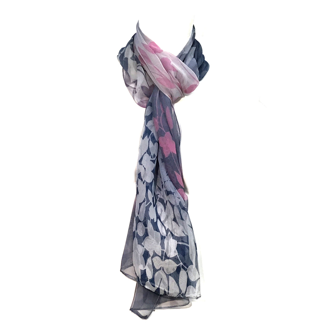 Lori, Ladies Chiffon Scarf, Leaf Pattern, Gray