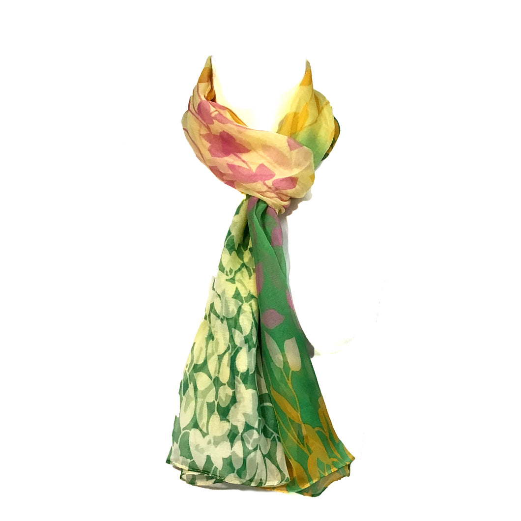 Lori, Ladies Chiffon Scarf, Leaf Pattern, Green