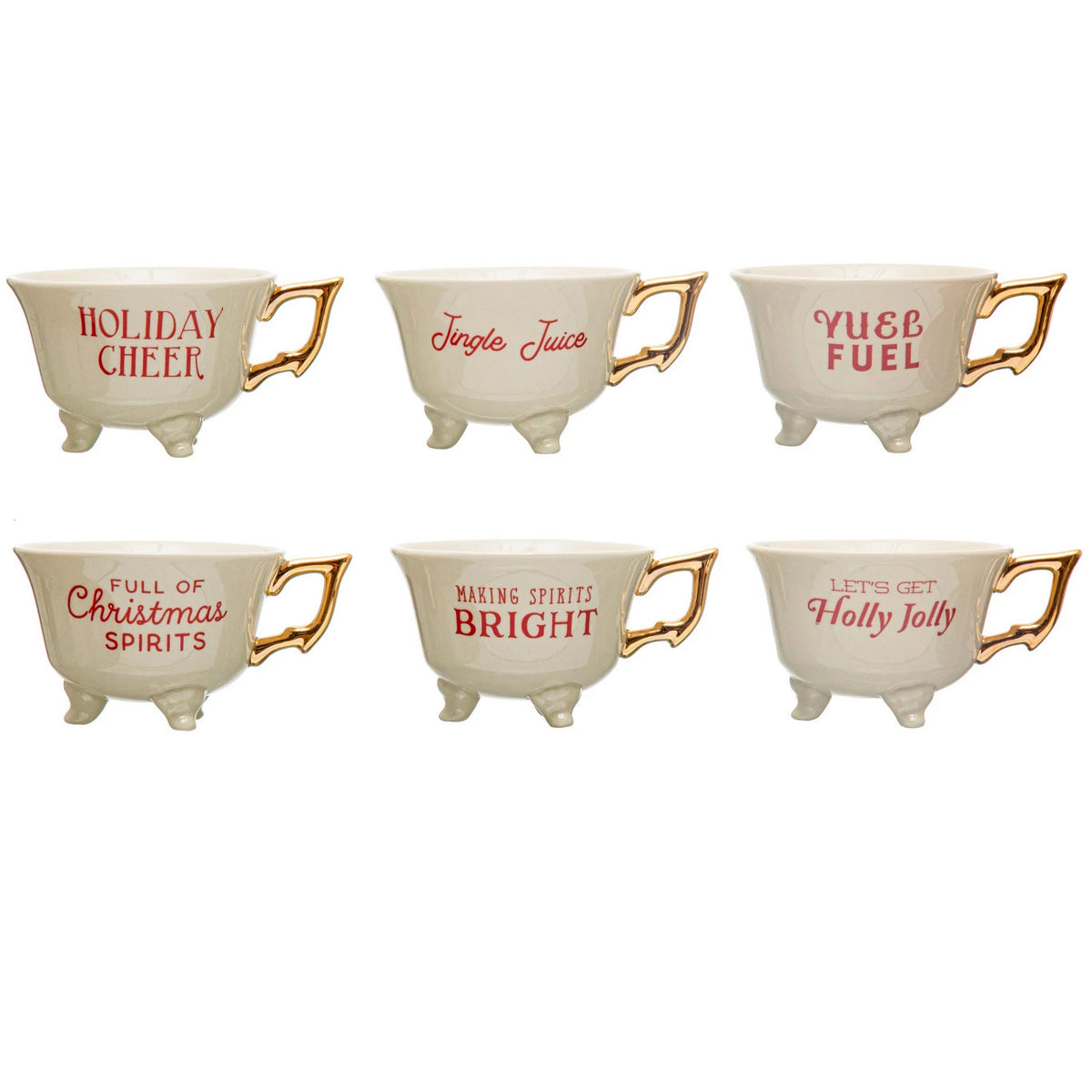 ROUND 6OZ. STONEWARE FOOTED TEACUP w/ HOLI