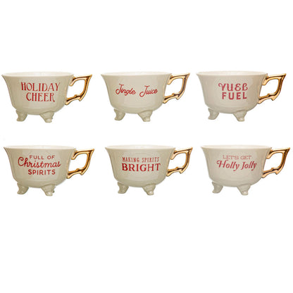 ROUND 6OZ. STONEWARE FOOTED TEACUP w/ HOLI