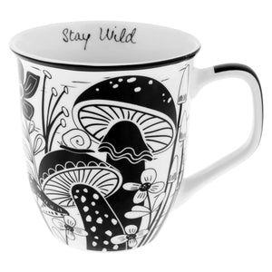 Boho Ceramic Mug, Black & White Mushrooml, 12oz