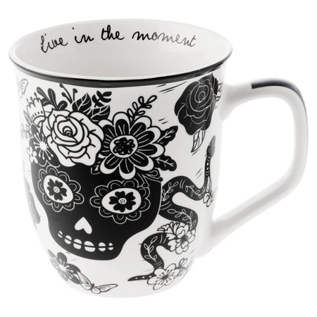 Boho Ceramic Mug, Black & White Sugar Skull, 12oz