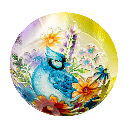 Glass Blue Bird With Flowers Bird Bath, 18in