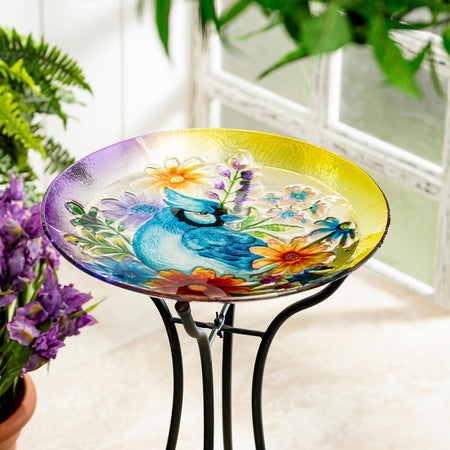 Glass Blue Bird With Flowers Bird Bath, 18in