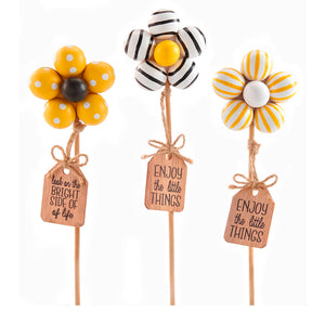 Plant Pick, Wood Beaded Flower 3 Asst