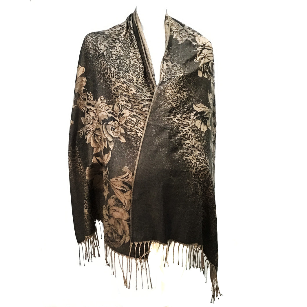 Floral Pattern Pashmina, Black