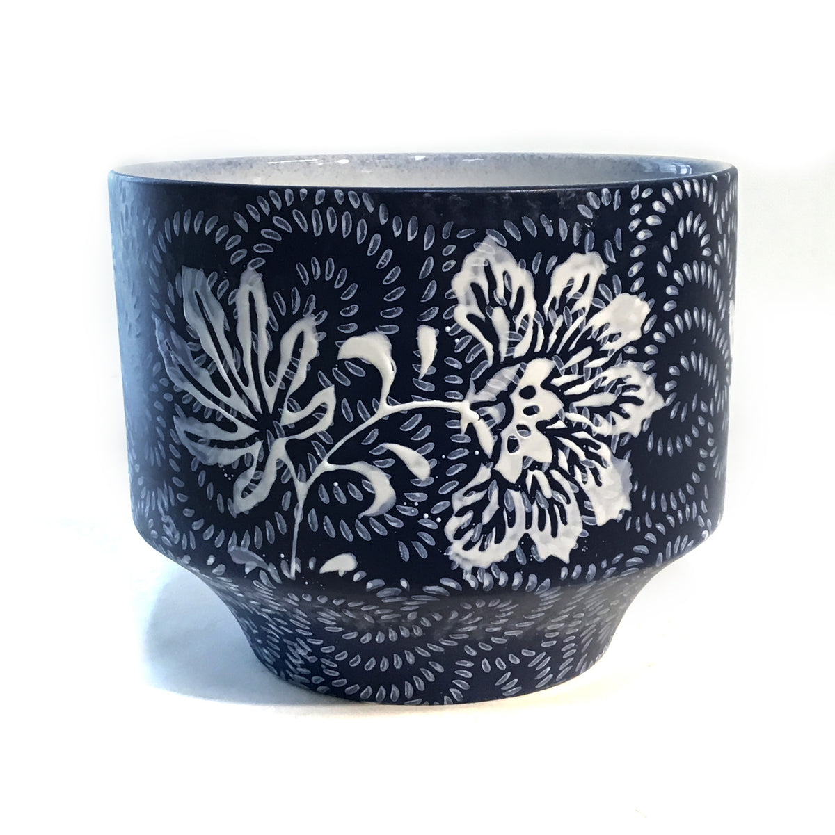 Pot, 7in, Stoneware, Floral Pattern Blue & White