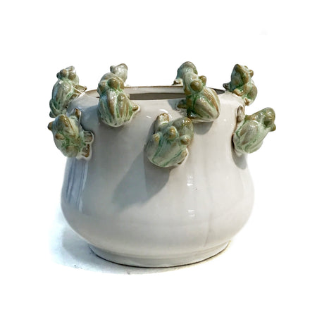 Pot, 6in, 3D Frogs on The Rim, White