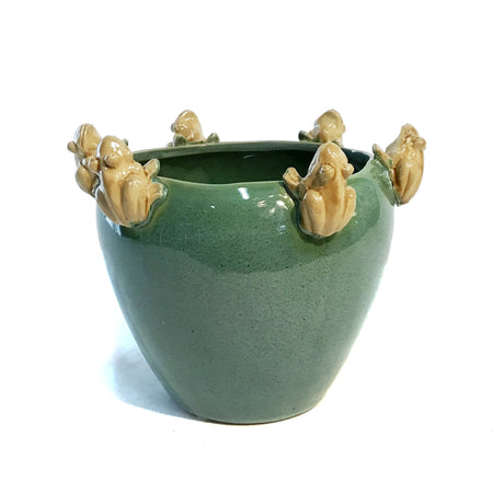 Pot, 7in, 3D Frogs on The Rim, Green