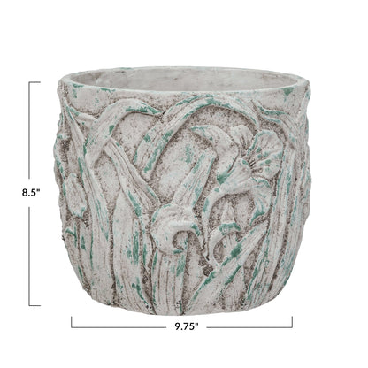9in, Cement Embossed Floral Palnter