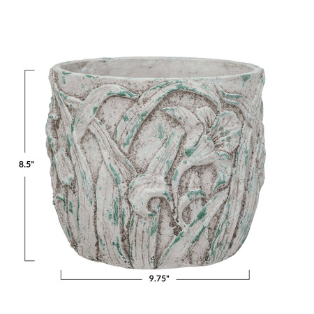 9in, Cement Embossed Floral Palnter