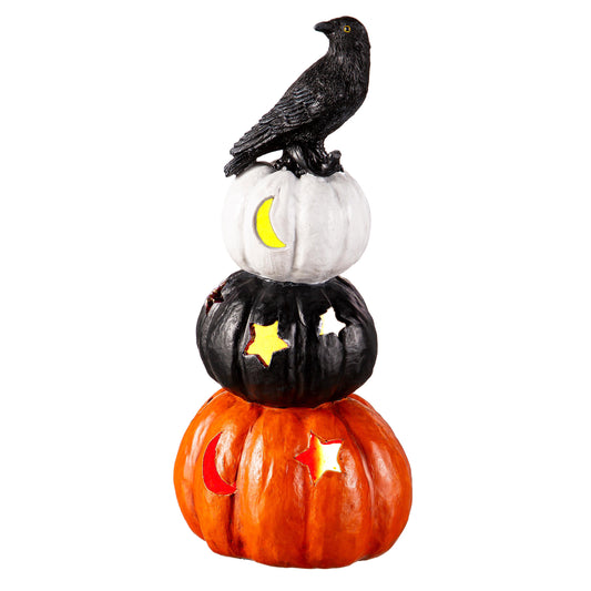 Decor Stacked Jack-O-Lanterns with Crow