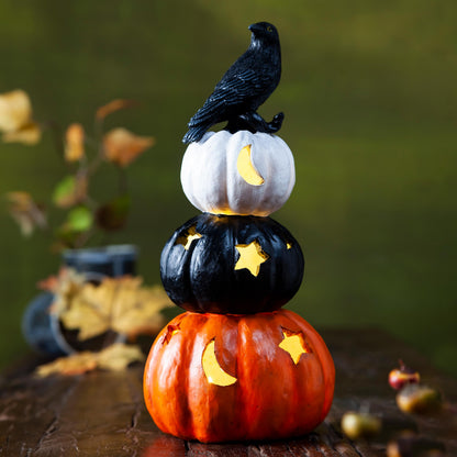 Decor Stacked Jack-O-Lanterns with Crow