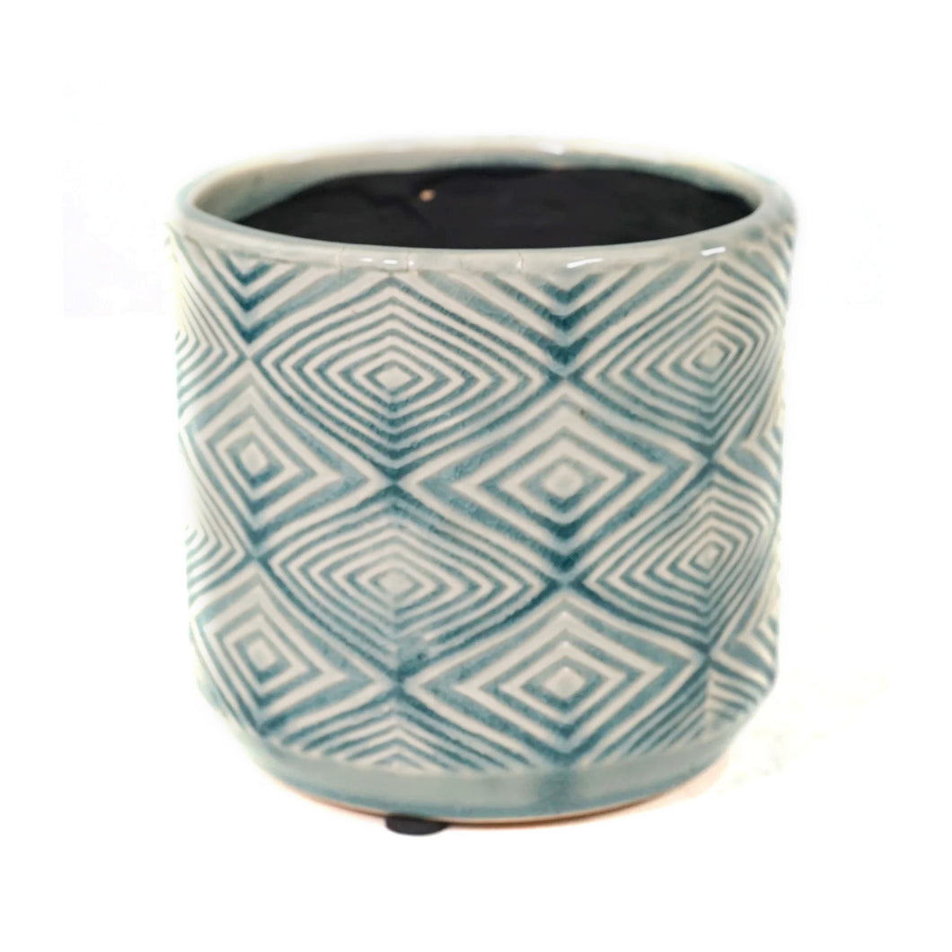 Pot, 4in, Light Blue Diamon Pattern