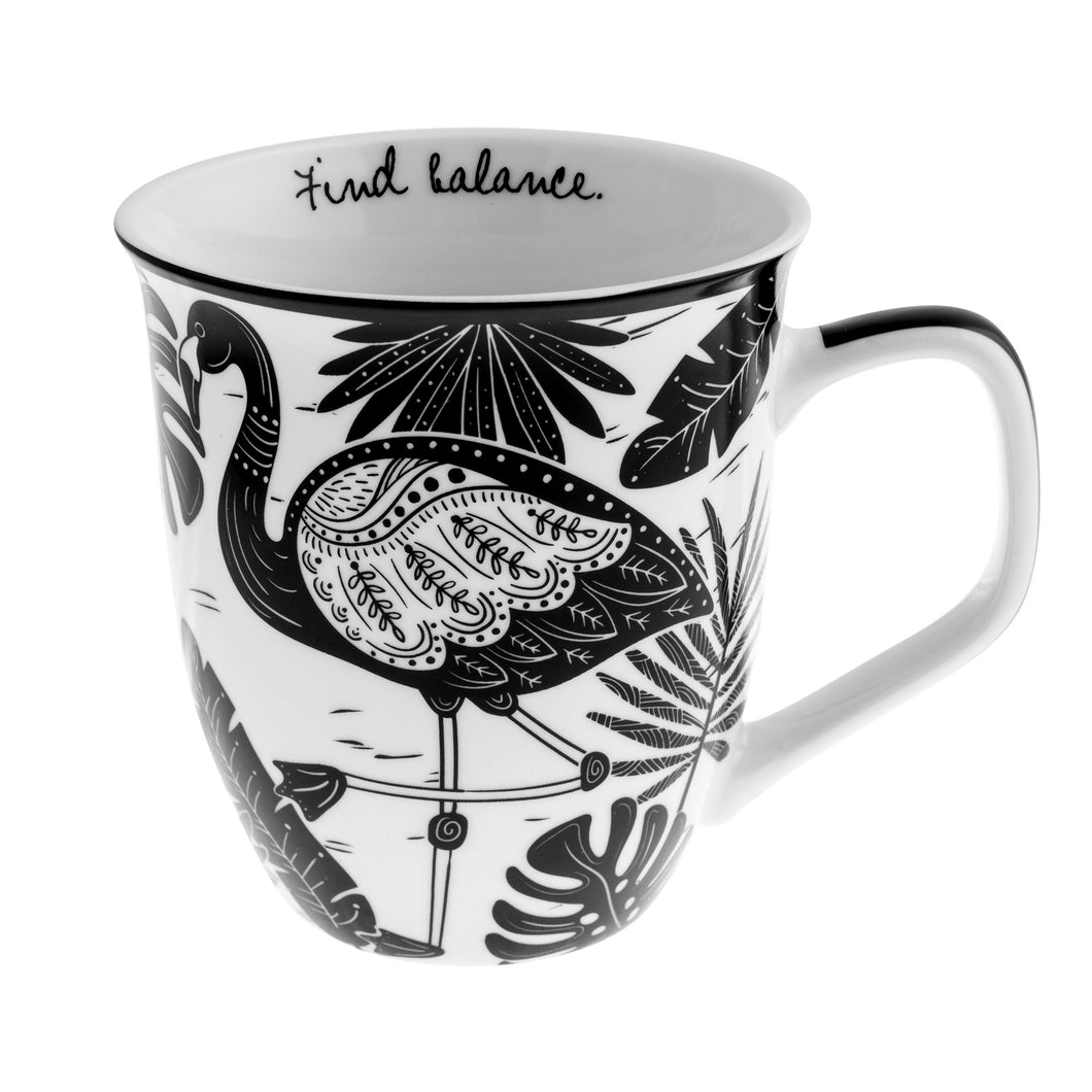Boho Ceramic Mug, Black & White Flamingo, 12oz