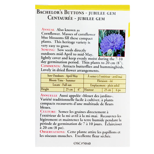 Bachelors Buttons, Jubilee Gem Seeds, OSC