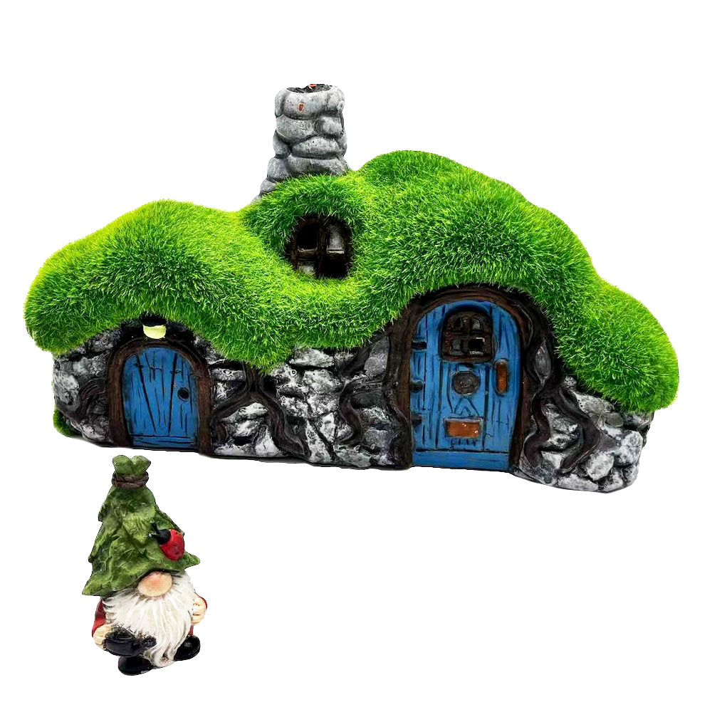 Mossy Duplex Gnome House With Tiny Gnome
