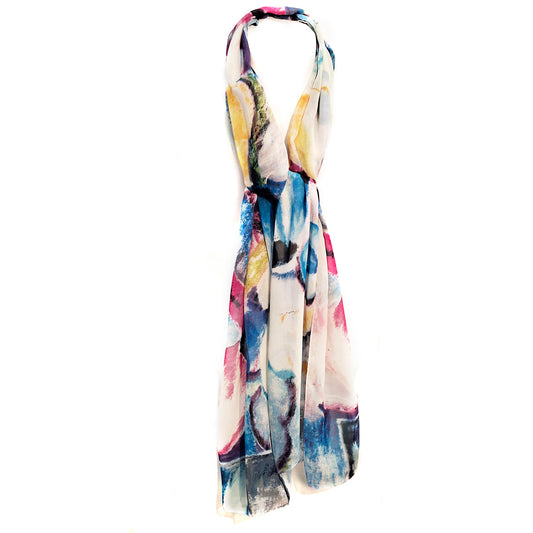 Ladies Scarf, Chiffon Abstract Pattern, Blue
