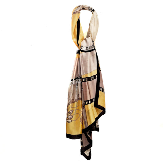 Darcies Ladies Silk Feel, Print Scarf - Black/Yell