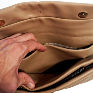 Lucy, Vegan Leather Clutch w Strap - Sand