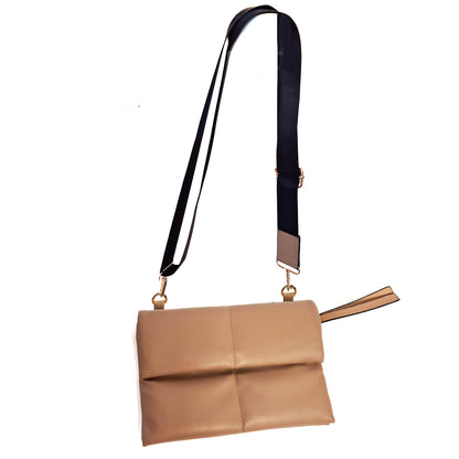 Lucy, Vegan Leather Clutch w Strap - Sand