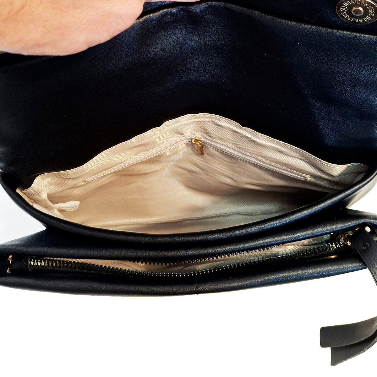 Lucy, Vegan Leather Clutch w Strap - Black