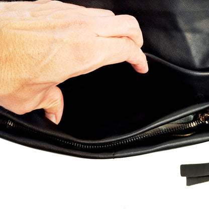 Lucy, Vegan Leather Clutch w Strap - Black