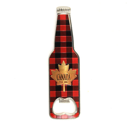 Magnet, Bottle Shaped, Opener, Red & Black Plaid