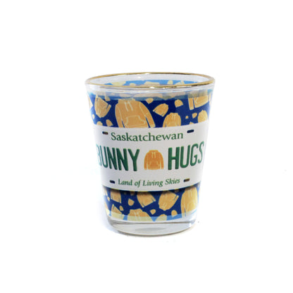 Shot Glass, Bunny Hugs License Plate, Gold Rim