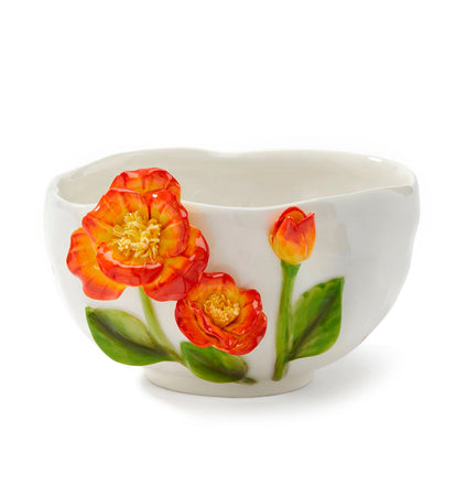 Prcln Decor Bowl w/ Red Flowers