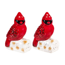 Load image into Gallery viewer, Salt &amp; Pepper Shakers, Ceramic Cardinals On A Log
