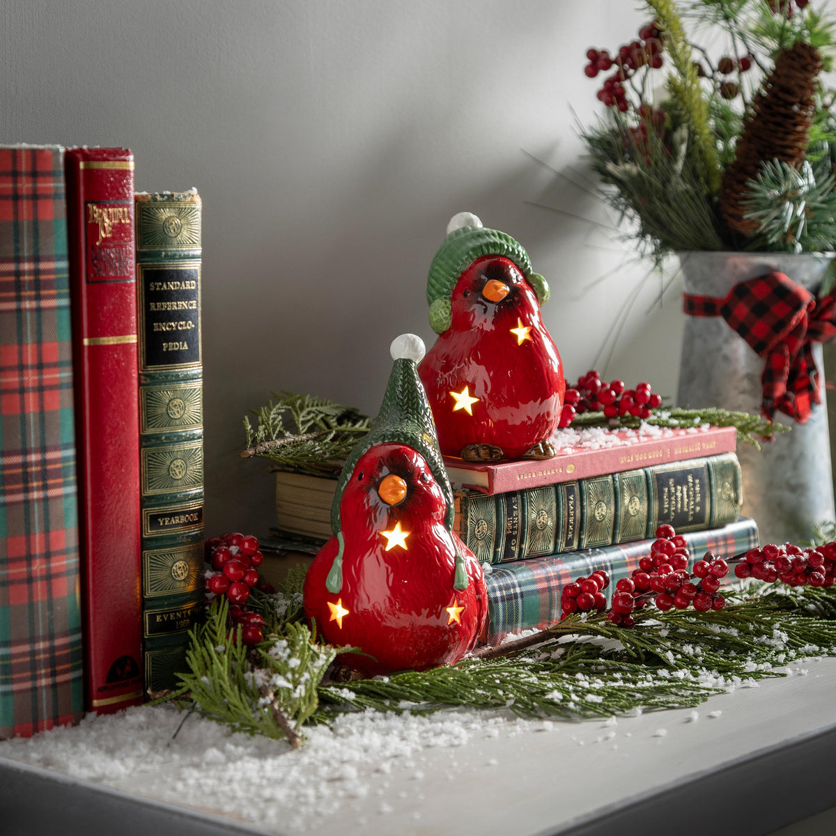 Decor, Ceramic LED Cardinal W/ Star Cut-Ourts, Ast