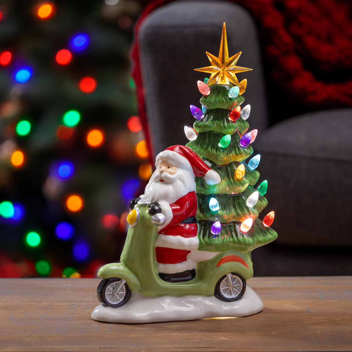 Decor, Resin LED Santa On a Scooter/ Tree