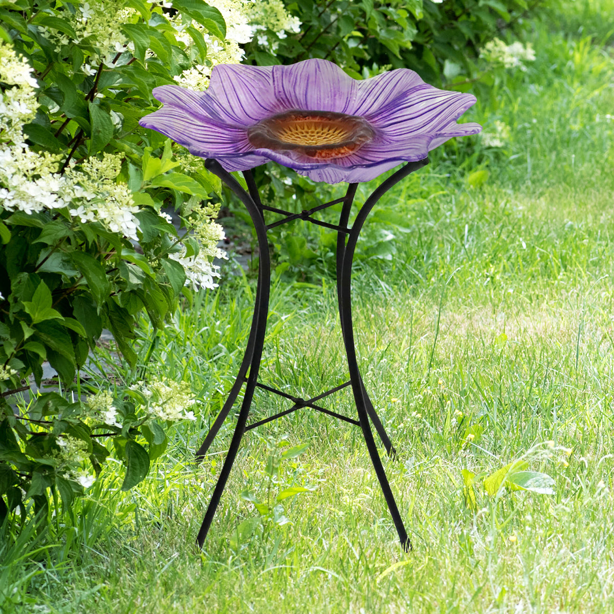 Birdbath Glass Purple FLower