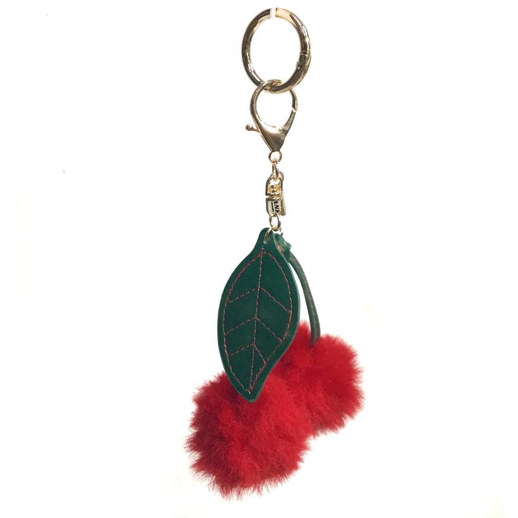 Bag Charm, Faux Fur Pom Cherry In Red