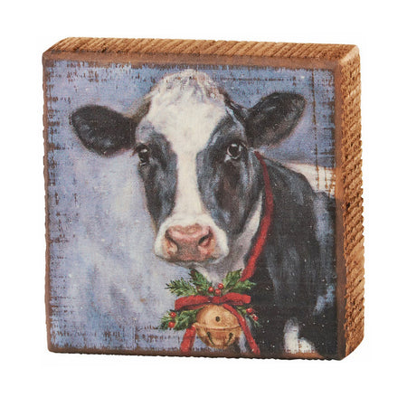 Mini Wood Block Shelf Decor, Festive Cow