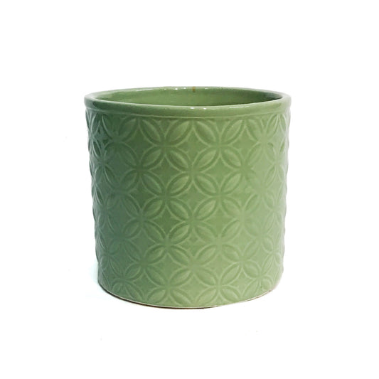 Pot, 4in, Ceramic,Patterned Green Glazed