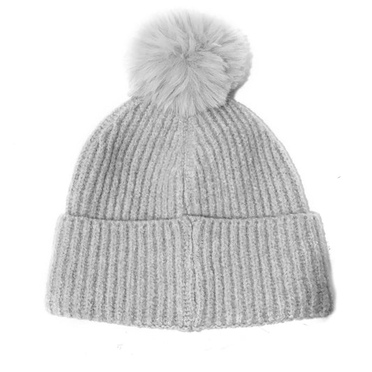 Knitted Toque, Removable Pom Pom, Light Grey
