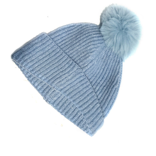 Knitted Toque, w Removable Pom Pom, Blue