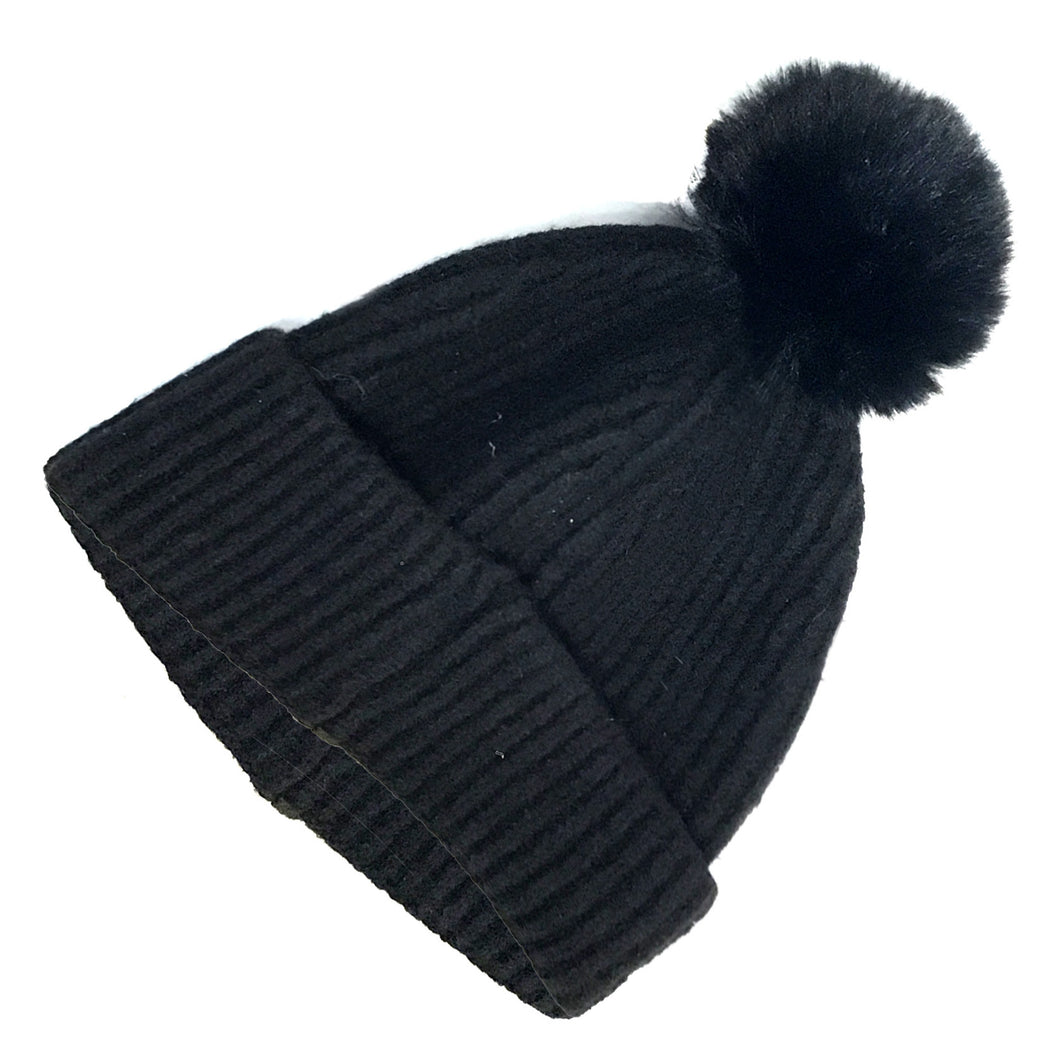 Knitted Toque, Removable Pom Pom, Black