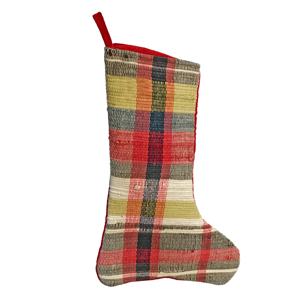 Stocking, Woven Cotton Chindi , Multi Color Plaid