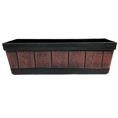 Planter, Rectangle, Plastic, Wood Barrel Style