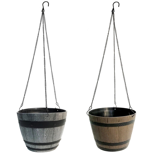 Planter, 9in, Hanging, Plastic, Wood Barrel Style