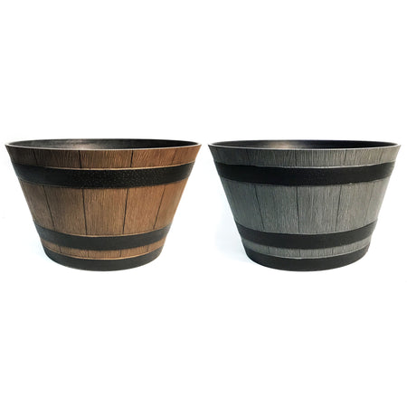 Planter, 20in, Plastic, Wood Barrel Style